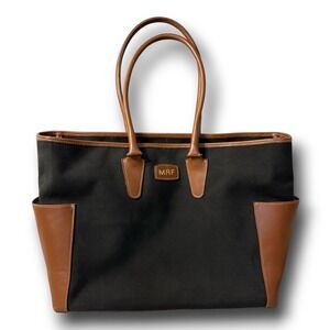 T Anthony New York Bag Tote Canvas Leather Black Tan Pockets Laptop RARE